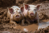 Fototapeta Zwierzęta - Happy piggies rolling in the mud. Generative AI