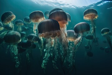 Sticker - close-up of school of jellyfish swimming in the ocean, created with generative ai