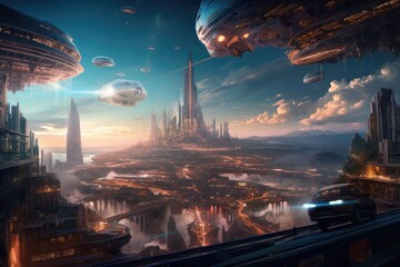 Canvas Print - glimpse of galactic city, with futuristic transportation system and flying vehicles visible in the sky, created with generative ai