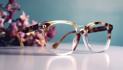 Translucent Frame of glasses of square shape on the table and flowers. Generative AI