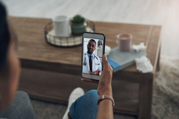 Poster - Phone, remote consulting with a doctor and a patient in the home for healthcare, medical or insurance. Video call, communication and contact with a person talking to a medicine professional online