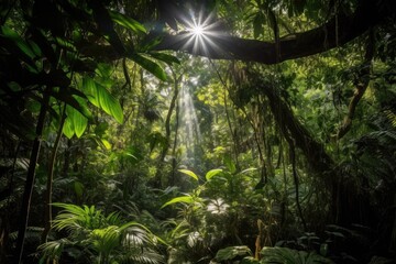 Poster - jungle canopy, with sunbeams shining through the leaves, created with generative ai