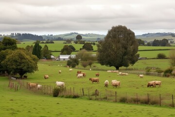 Sticker - rural setting, with rolling fields and grazing livestock, created with generative ai