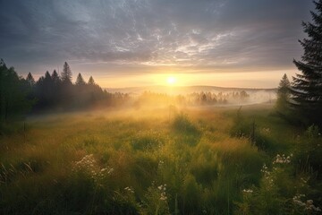 Wall Mural - cloudy sunrise above misty meadow, with rays of sunlight filtering through the clouds, created with generative ai