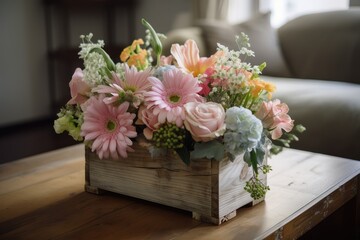 Poster - pastel flower arrangement in rustic wooden vase, created with generative ai