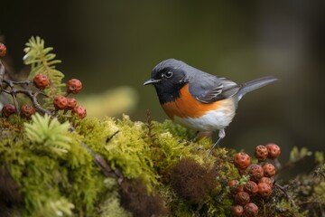 Sticker - male redstart feeding on berry in the forest, created with generative ai