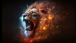 Roaring Mighty Fantasy Lion with Flames and Glowing Aura. Generative ai