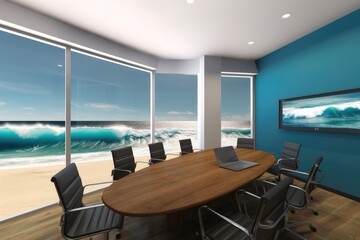 Poster - virtual conference room, with view of the beach and waves crashing on shore, created with generative ai