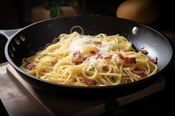 Poster - spaghetti carbonara being cooked in a skillet, with bacon and eggs frying, created with generative ai