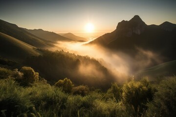 Canvas Print - misty sunrise over misty mountains, with the sun peeking through, created with generative ai