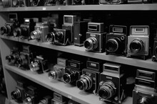 Old Used Analog Photo Cameras In Shop Window Of A Photo Shop. Black And White Image. Generative AI