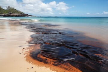 Wall Mural - oil spill on a serene and tranquil beach, with the oily sheen visible in the water, created with generative ai