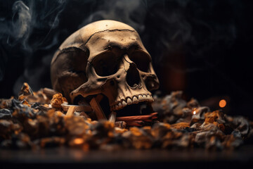 Wall Mural - A poignant image of a human skull surrounded by smoke and cigarettes, reminding people of the dangers of tobacco use on No Tobacco Day, captured by AI Generative for health advocacy campaigns.