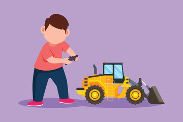 Wall Mural - Character flat drawing happy little boy playing with remote controlled bulldozer toys. Cute kids playing with electronic toy bulldozer with remote control in hands. Cartoon design vector illustration