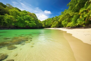 Wall Mural - tropical beach, with crystal-clear water and warm sand, surrounded by lush greenery, created with generative ai