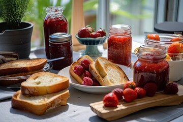 Canvas Print - breakfast spread with fresh fruit, toast, and jar of strawberry jam, created with generative ai