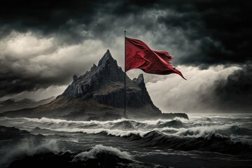 Wall Mural - a peak with red flag and stormy sky in the background, created with generative ai