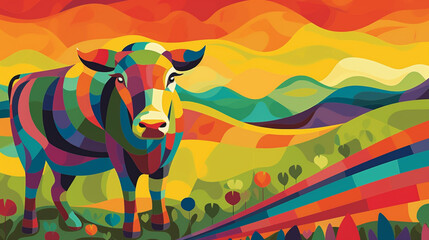 Poster - Cow and rainbow background landscape Generative AI 