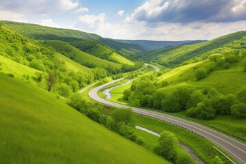 Canvas Print - scenic highway with rolling green hills and a winding stream, created with generative ai