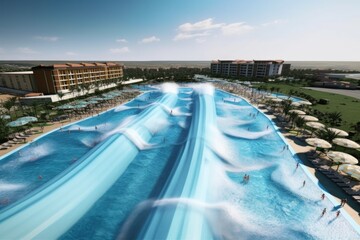 Canvas Print - water park with wave pool, where people can surf and swim on waves, created with generative ai