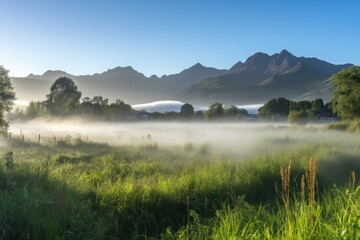 Canvas Print - morning mist rising over meadows, with mountains in the background, created with generative ai