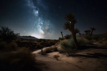 Poster - night sky with stars and moon, shining down over oasis in desert, created with generative ai