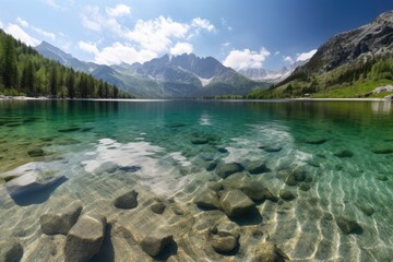 Sticker - crystal clear lake, with view of dramatic mountain range in the background, created with generative ai