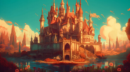 Wall Mural - In a fairy tale castle with turrets and a moat fit Generative AI 