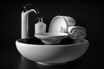 Poster - round white washbasin with modern faucet and towel rack on black background, created with generative ai