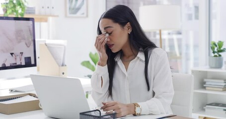 Poster - Business woman, laptop and headache in stress, anxiety or mental health from burnout at office. Tired, stressed or exhausted female employee with bad head pain, strain or overworked at workplace