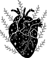 Human heart with wild flowers, minimalistic line art