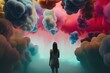 A woman standing in front of a painting of clouds. Generative AI image. Surreal dreamlike picture.