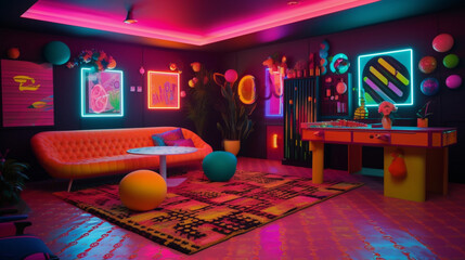 Wall Mural - A fluorescent neon party room with glowing decoratio Generative AI 