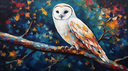 Wall Mural - A white owl sitting on a tree branch Generative AI 