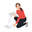 Unhappy businesswoman crying collect scattered on floor papers. Upset stressed clumsy woman gather dropped documents or paperwork, clean mess at workplace. Flat vector illustration isolated 