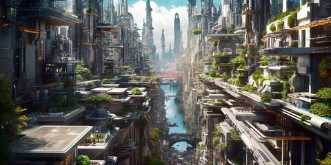 Wall Mural - futuristic high-tech city with advanced infrastructure, science fiction cityscape, fictional landsca