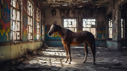 Wall Mural - Horse in an abandoned hospital Generative AI 