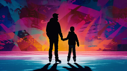 Sticker - Silhouette of father and son ice skating Generative AI 