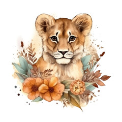 Wall Mural - Lion Cub Floral Watercolor PNG Art for Sublimation, Generative AI