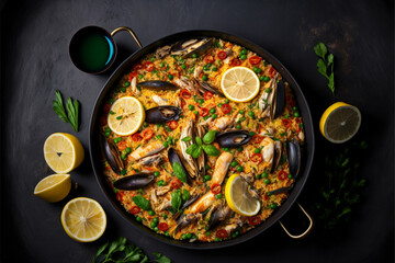 Wall Mural - Seafood paella on a gray background. Mediterranean diet., Generative Ai
