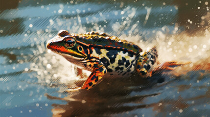 Canvas Print -  A frog jumping into a pond on a rainy Generative AI 