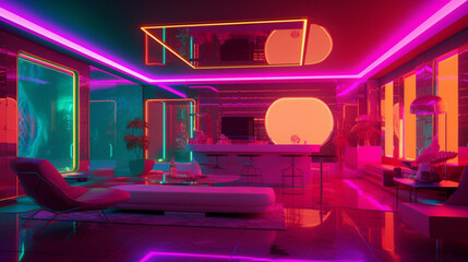 Poster - A futuristic hotel with fluorescent neon lighting Generative AI 