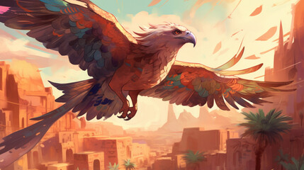 Canvas Print - A harpy soaring through the sky above a desert oasis Generative AI 