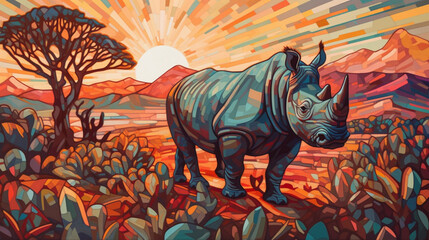 Poster - A rhinoceros standing in an African landscape Generative AI 