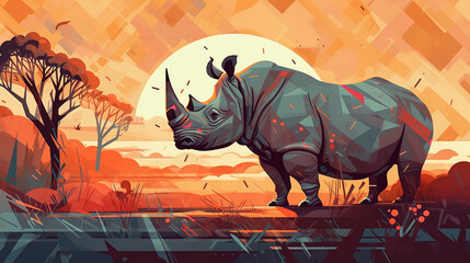 Wall Mural - A rhinoceros standing in an African landscape Generative AI 