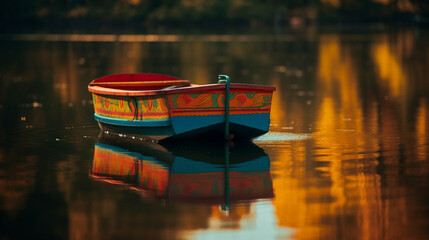 Sticker - A Small Paddle Boat on a Tranquil Lake Generative AI 