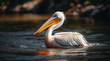 Sticker - A white pelican fishing in a river on a sunny day Generative AI 