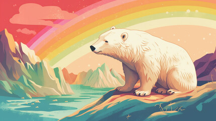 Wall Mural - Polar Bear and rainbow background landscape Generative AI 
