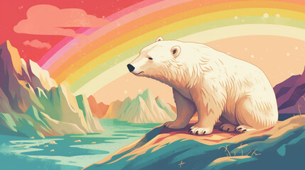 Sticker - Polar Bear and rainbow background landscape Generative AI 