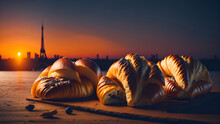 Delicious French Croissants At Sunsets On Romantic Background. Sunset Croissant Photo. (Generative AI)